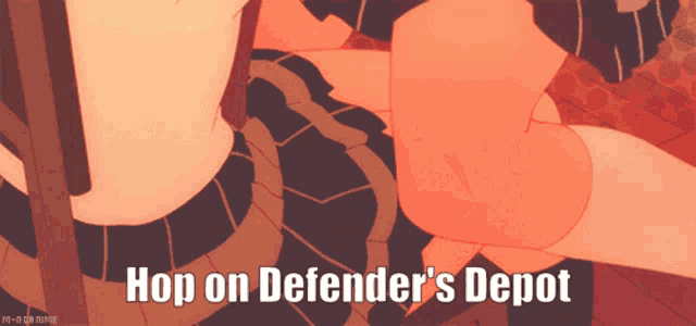a picture of a girl with the words hop on defender 's depot on the bottom