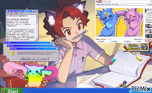 a computer screen shows a boy with a cat ear holding a pencil and a start button