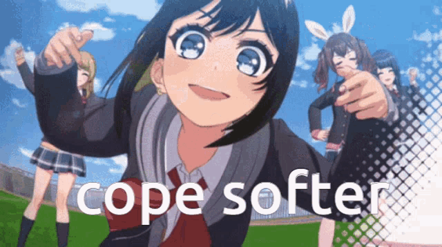 a group of anime girls are standing in a field with the words cope softer on the bottom right