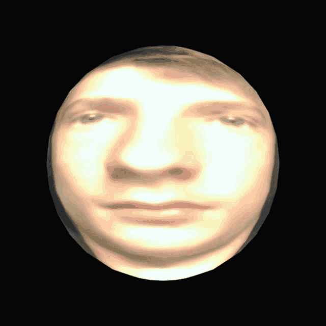 a close up of a man 's face in a sphere on a black background