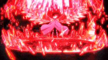 a woman in a pink cape is surrounded by a circle of red lights