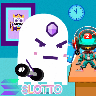 a cartoon drawing of a ghost holding a dumbbell with the word lotto in the corner