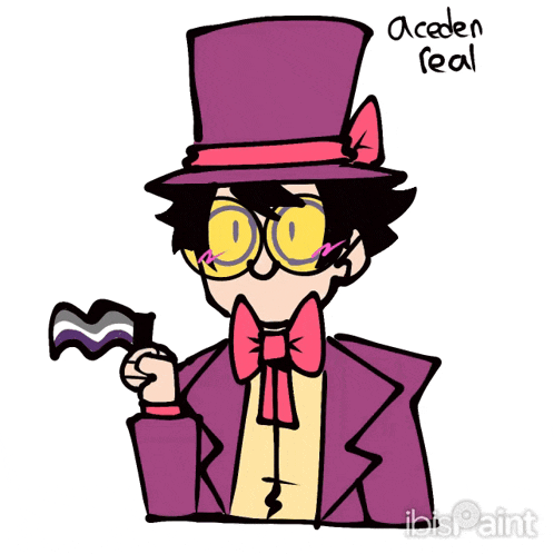 a drawing of a man wearing a top hat and holding an asexual flag with the name acaden real written on the bottom