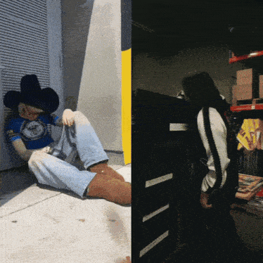a man in a cowboy hat is laying on the ground