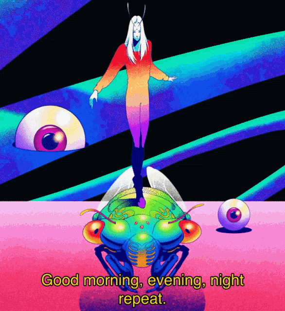 a colorful illustration with the words good morning evening night repeat in yellow
