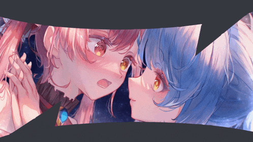 a couple of anime girls are looking at each other with their eyes closed
