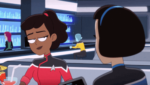 two cartoon characters are sitting at a table with a drink