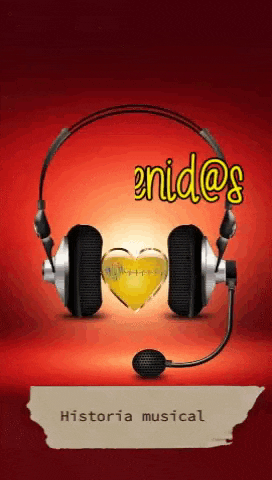 a pair of headphones with a microphone and a yellow heart behind them with the word enidos in yellow