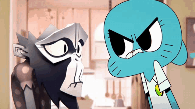 two cartoon characters are standing next to each other and one of them has a monkey mask on