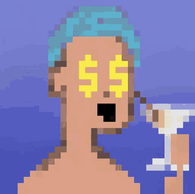 a pixel art of a man holding a martini glass with dollar signs on his eyes