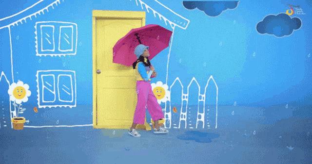 a girl holding a pink umbrella in front of a blue house