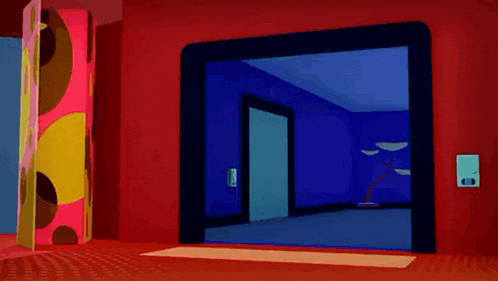 a cartoon character is laying on the floor in a red room .