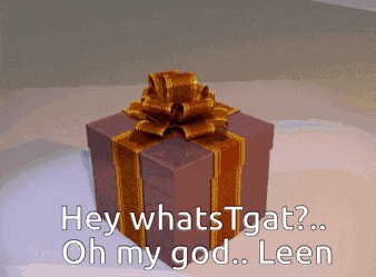 a gift box with a gold bow and the words hey whatstgat oh my god leen