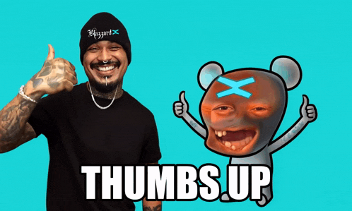 a man giving a thumbs up next to a cartoon bear with thumbs up written on it
