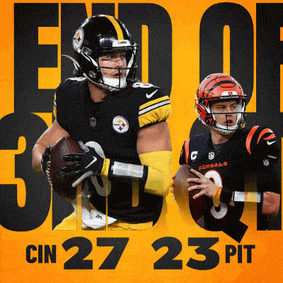 two football players on a yellow background with the words end of cin 27 23 pit below them