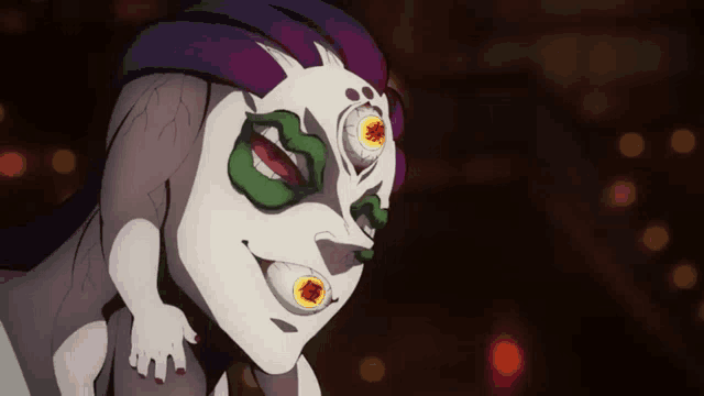 a close up of a cartoon character with three eyes and purple hair