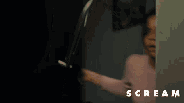 a woman in a pink shirt is holding a knife and the word scream is on the bottom