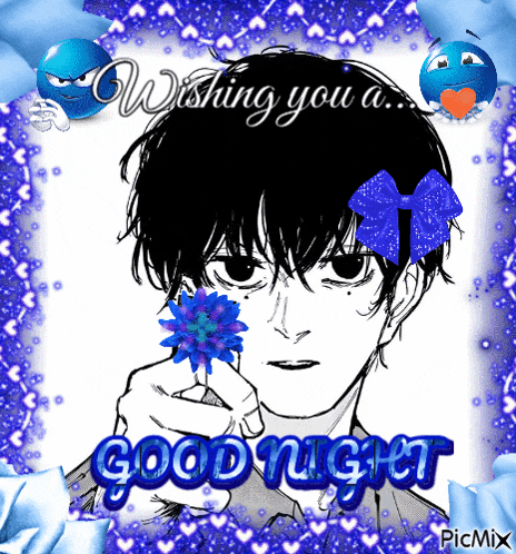 a black and white drawing of a boy holding a blue flower with the words " wishing you a good night "