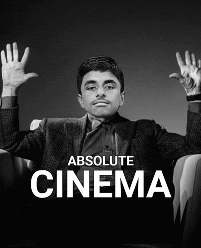 a poster for absolute cinema shows a man with his hands up in the air