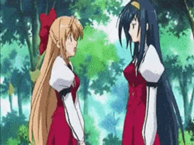 a couple of anime girls standing next to each other in a forest