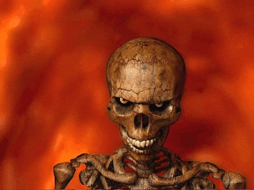 a skeleton with a cracked skull and a snake around its neck
