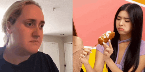 a man with a bald head and a woman with long hair eating a corn dog