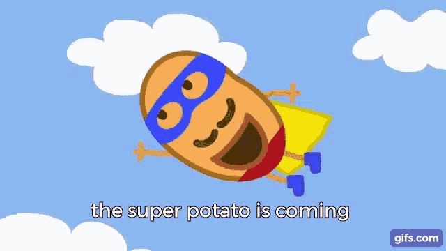 a cartoon of a potato wearing a superhero costume flying through the air