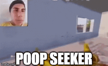 a man is standing in front of a blue wall with the words poop seeker on the bottom .