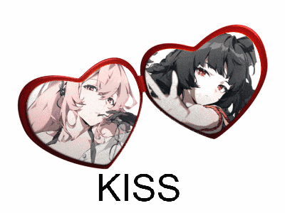 a picture of two anime girls with the word kiss underneath them