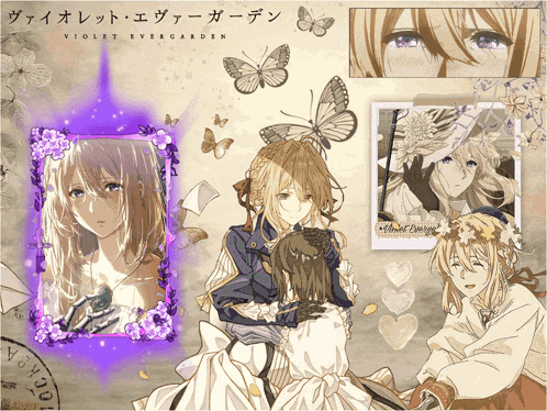 a poster for violet evergarden with a purple frame