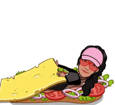 a cartoon of a woman laying on a sandwich with the words good nite written above her .