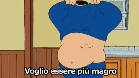 a cartoon of a man with a big belly and the words " voglio essere più magro " below him