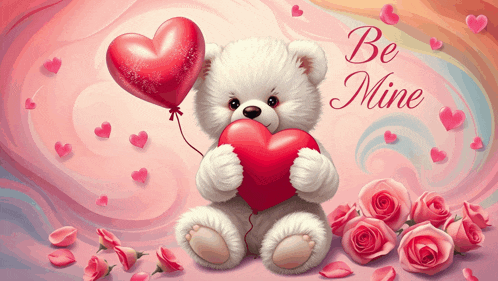 a teddy bear holding a heart and a balloon with the words be mine