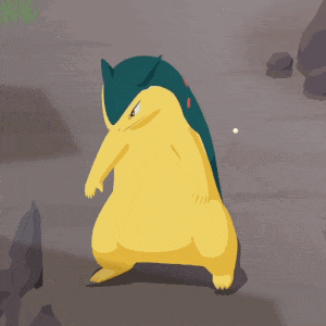 a cartoon drawing of a yellow and blue animal standing on the ground