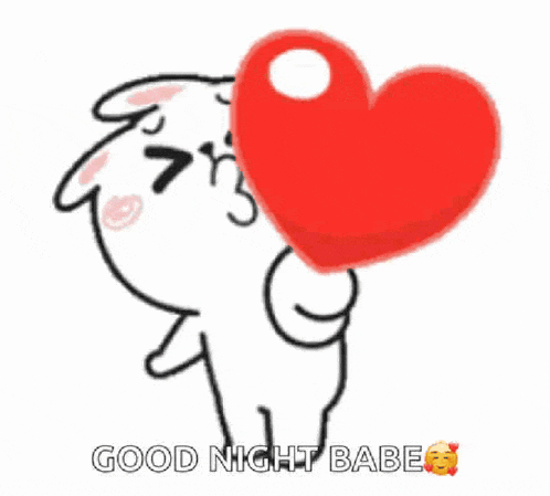 a cartoon character is holding a red heart in his hand and says good night babe .