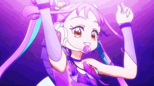 a girl in a purple dress is dancing with her arms in the air
