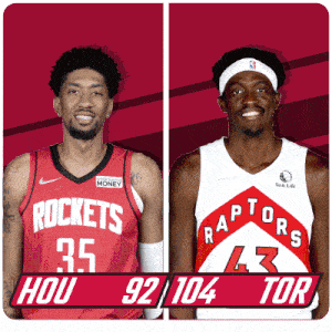 two basketball players from the rockets and raptors are standing next to each other