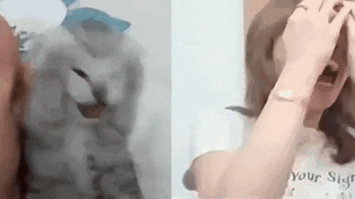 a woman is covering her face with her hands while a cat is looking at her .