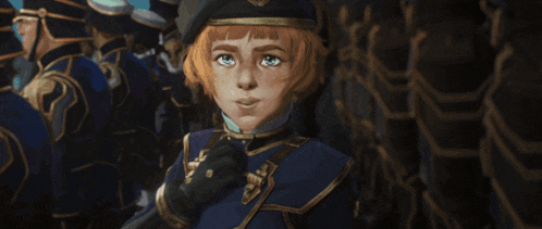 a cartoon character in a blue uniform is standing in front of a crowd