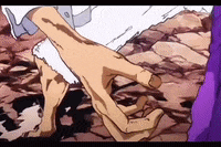 a close up of a person 's hand holding another person 's hand in a cartoon .