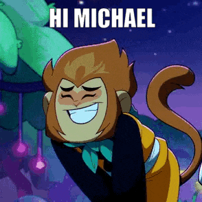 a cartoon monkey is smiling with the words `` hi michael '' above him .