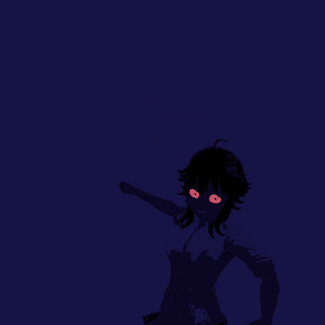 a cartoon character with red eyes and a purple shirt