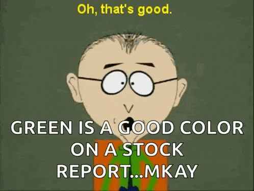 a cartoon character with glasses says green is a good color on a stock report
