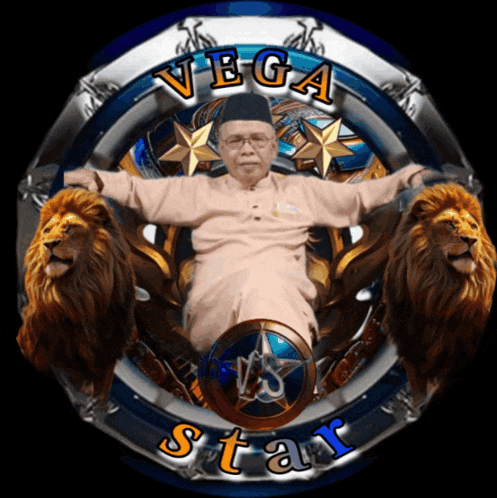 a picture of a man surrounded by lions and the words vega star on the bottom