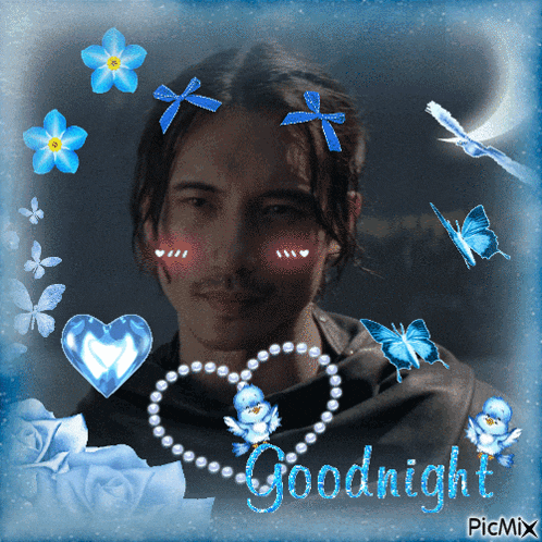 a picture of a man surrounded by blue flowers and butterflies with the words goodnight on the bottom