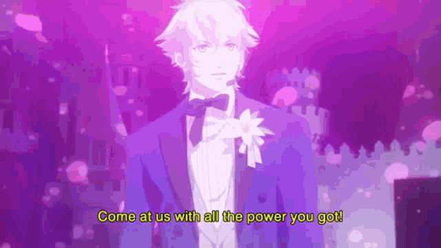 a man in a tuxedo is standing in front of a purple background with the words come at us