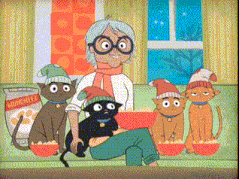 a woman is sitting on a couch with three cats and a bag of munchkins