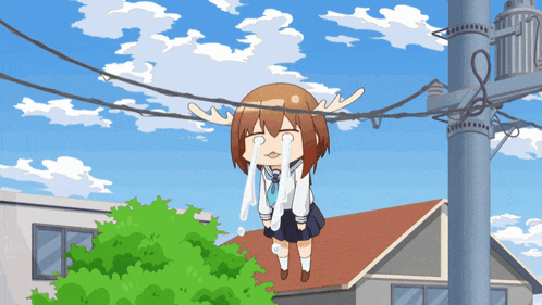 a girl with antlers is crying while hanging on a power line