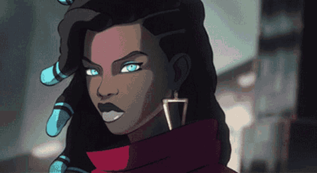a cartoon of a woman with blue eyes wearing a red sweater and earrings