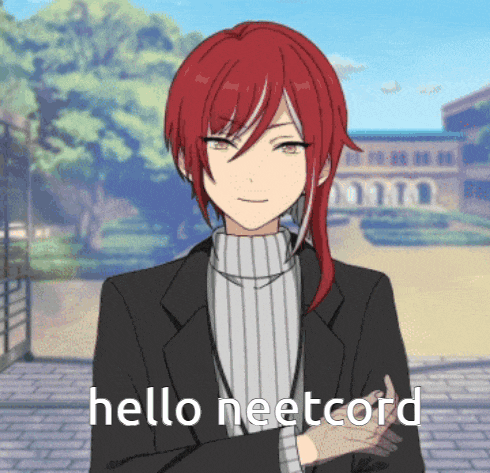 a red haired anime character with the words hello neetcord below him